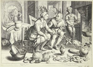 Küchenszene mit einem Mann und einer Frau, die ein Huhn braten von Jacob Matham