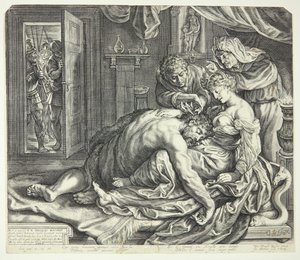 Samson schläft in Delilas Schoß von Jacob Matham