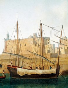 Ansicht eines Schiffes im Hafen von Monopoli, Apulien, Italien von Jacob Philippe Hackert