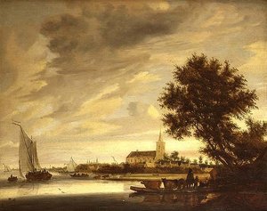 Eine Flusslandschaft mit einer Fähre im Vordergrund