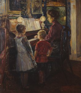 Frau und Kinder am Klavier