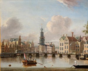 Ansicht des Munt, Amsterdam mit Figuren in Booten und Schwimmern im Kanal