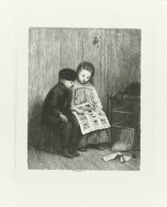 Zwei Kinder mit einem Kinderbild von Jacob Taanman
