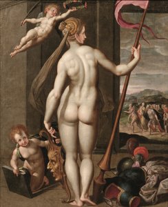 Minerva hält eine Lanze und wird von einem Putto mit Lorbeeren gekrönt