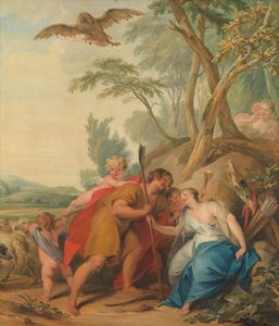 Jupiter, verkleidet als Hirte, verführt Mnemosyne, die Göttin der Erinnerung