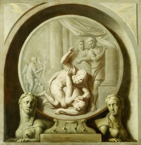 Ein dekoratives Rundbild mit Odysseus, der gegen den Bettler kämpft, und mit Sphinxs