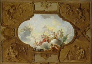 Entwurf für ein Deckenbild mit der Apotheose des Aeneas, in den Ecken die vier Jahreszeiten von Jacob de Wit