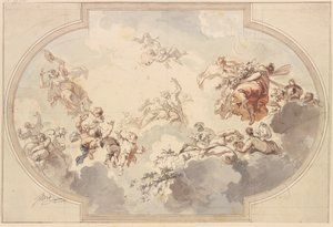 Viele Genien und Bacchanten schweben in Wolken von Jacob de Wit