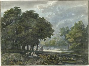 Hirten mit Herde in waldreicher Landschaft
