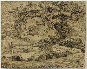 Landschaft mit Figur, die unter einem Baum am Bach ruht