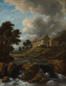 Landschaft mit einer Kirche an einem Wildbach