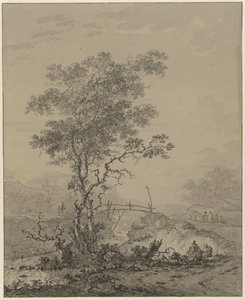 Gebirgige Landschaft mit einem Baum an einem Fluss, einer Brücke und einigen Figuren von Jacob van Strij