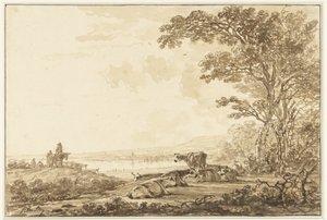 Flusslandschaft mit ruhendem Vieh