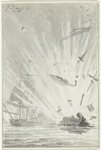 Explosion des niederländischen Kaperschiffs De Dappere Patriot im Kampf mit dem englischen Schiff Kameleon, 14. August 1781