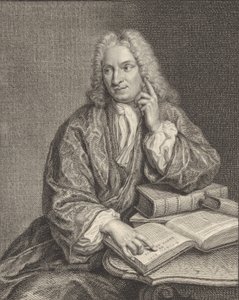 Kniestück von Hendrik Snakenburg, der an einem Tisch sitzt, auf dem einige Bücher liegen von Jacobus Houbraken