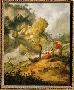 Felsige Landschaft mit Wasserfall und Hirten von Jacobus Sibrandi Mancadan