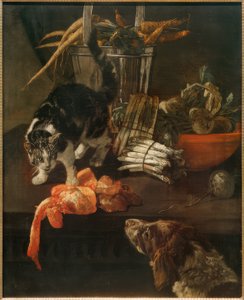 Küchenstück mit Hund und Katze
