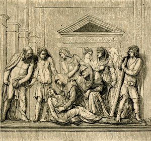 Der heilige Antonius belebt eine ertrunkene Frau wieder, Marmorrelief von Jacopo Sansovino, Basilika des heiligen Antonius von Padua, Padua, Venetien, Italien