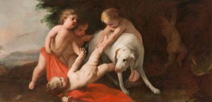 Putti spielen mit Hund