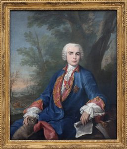 Der Sopran-Kastrat Carlo Broschi, genannt Farinelli (1705-1782). Der Sänger trägt die Medaille des Ordens von Calatrava, auf der Partitur, die er in der Hand hält, einige Takte der Oper Zenobia von Gaetano Latilia.