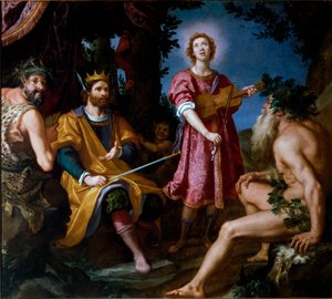 Das Urteil des Midas, zwischen dem Satyr Marsyas und Apollo