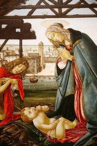 Die Jungfrau und Johannes der Täufer verehren das Kind vor einer Ansicht von Venedig