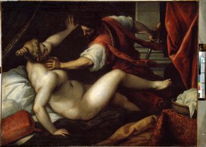 Tarquin und Lucretia. Sextus Tarquinius vergewaltigt Lucretia, ein Ereignis, das den Sturz der Monarchie und den Beginn der Republik im antiken Rom im Jahr 509 v. Chr. zur Folge hatte. Gemälde von Jacopo Palma il Giovane