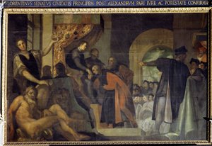 Cosimo I. de Medici vom Senat von Florenz zum Herzog ernannt