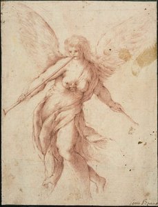Ruhm bläst auf einer Trompete von Jacopo Palma il Giovane