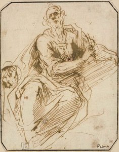 Studie für St. Markus (recto); Skizze einer halbfigurigen männlichen Figur, die nach rechts oben schaut (verso) von Jacopo Palma il Giovane