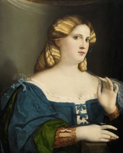 Junge Frau in einem blauen Kleid, mit Fächer, 1512-1514 von Jacopo Palma il Vecchio the Elder
