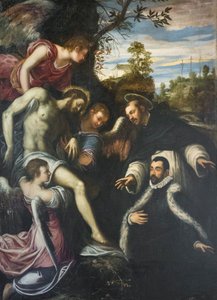 Toter Christus, unterstützt von drei Engeln, St. Dominikus und Spender von Jacopo Robusti Tintoretto