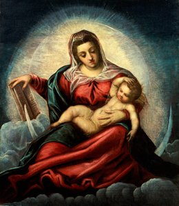 Die Madonna und das Kind in einer Mandorla auf einer Mondsichel und Wolken, mit dem Buch der Weisheit