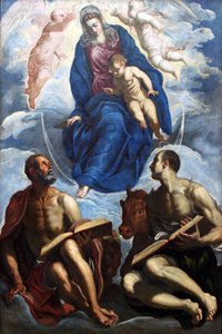 Maria mit dem Kind, verehrt von den Evangelisten Markus und Lukas