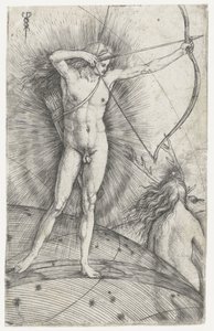 Apollo mit Pfeil und Bogen auf Himmelsglobus und Diana mit Hirsch