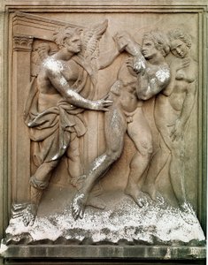 Adam und Eva Vertreibung aus dem Paradies. Flachrelief aus Marmor von Jacopo Della Quercia (1374/8-1438) 1430-1435