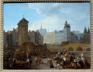 Französische Revolution: Blick auf die Brücke und die Pumpe Notre-Dame in Paris von Jacques Albert Senave