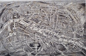 Reliefkarte von Paris und Umgebung mit Befestigungen. Gravur von Jacques Alphonse Testard (19. Jahrhundert)