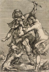 Drehleierspieler greift einen Pilger an von Jacques Bellange