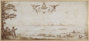 Ansicht von Toul über die Ebene, Landschaft mit Figuren, der Himmel mit den Armen der Porcellets von Jacques Callot