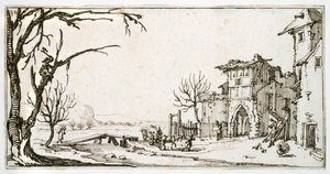 Ein Heuwagen wird zum mittelalterlichen Tor eines Dorfes gebracht, ein Mann schneidet einen Ast ab, aus einem Album von Israel Silvestre, ca. 1630