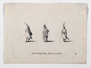 Eine Dame mit langem Mantel und zwei Kavaliere, aus von Jacques Callot