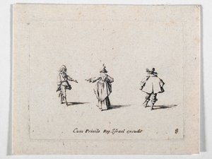 Eine Dame mit ausgestreckter Hand, von hinten gesehen, und zwei Kavaliere, aus Les Fantaisies de Noble J. Callot von Jacques Callot