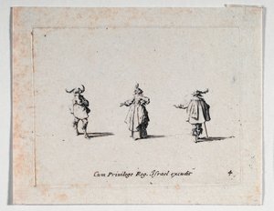 Eine Dame mit ausgestreckter Hand und zwei Kavaliere, aus von Jacques Callot