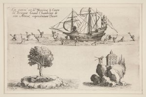 Kampf an der Barriere, dieser Eintritt gehört Monsieur le Comte de Brionne, Großkämmerer seiner Hoheit, darstellend Jason von Jacques Callot