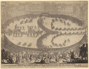 Einzug der Wagen und Parade der Infanterie und Kavallerie auf der Piazza Santa Croce in Florenz zu Ehren des Prinzen von Urbino, Blatt 6 der Folge "Krieg der Schönheit" von Jacques Callot