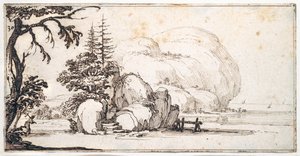 Fantastische Felsen an der Küste, Gebäude am Ufer von Jacques Callot