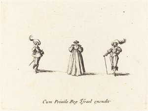 Dame von hinten gesehen und zwei Herren, wahrscheinlich 1634 von Jacques Callot