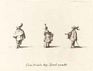 Dame mit hochgezogenem Kleid und zwei Herren von Jacques Callot