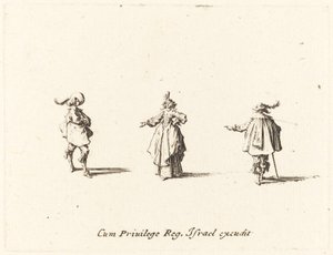 Dame mit ausgestrecktem Arm und zwei Herren von Jacques Callot